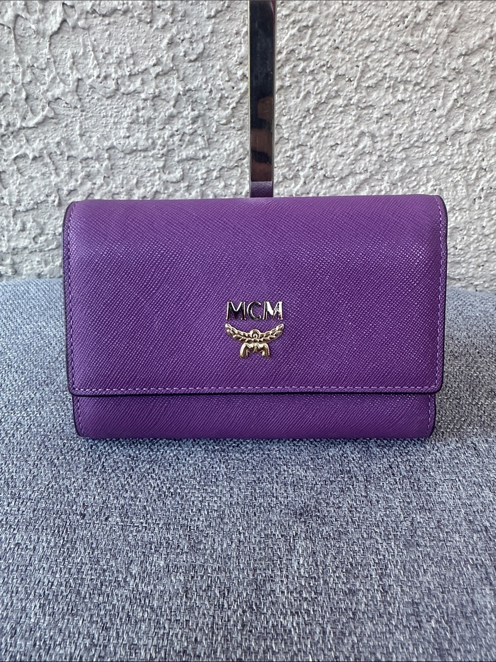 MCM Plum Saffiano Leather Trifold Wallet with Gold Logo
